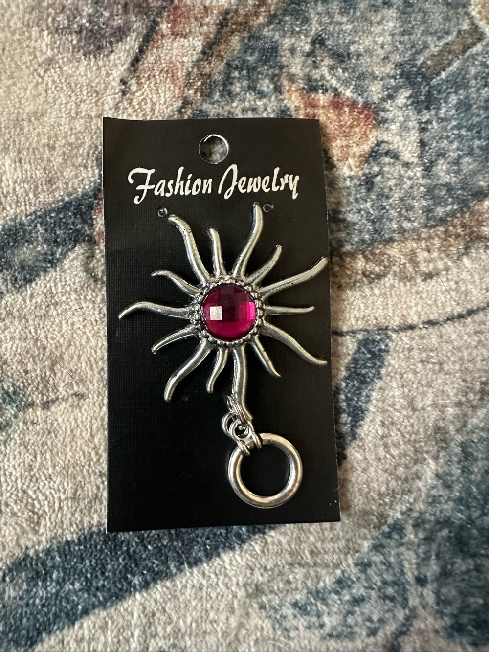Fashion Jewelry Silver Sunburst Keychain Charm with Pink Gem